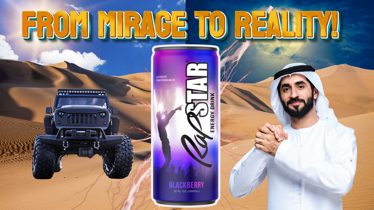 Load video: A man&#39;s sand-covered face as he gazes at a glowing mirage in the distance—a vibrant, colorful can of RapStar Energy Drink. As he struggles to reach it, he finally grasps the can, drinks it, and is instantly revitalized.